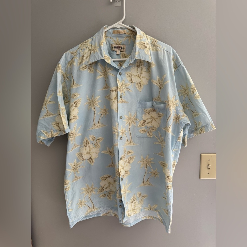 Campia Moda Hawaiian Shirt Men’s SZ L Blue Beige Short Sleeve 100% Cotton Floral